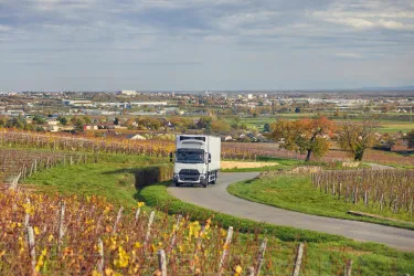 A 19-tonne Renault Trucks D Wide fitted with a Lamberet refrigerated body: on the road amongst the vineyards in autumn